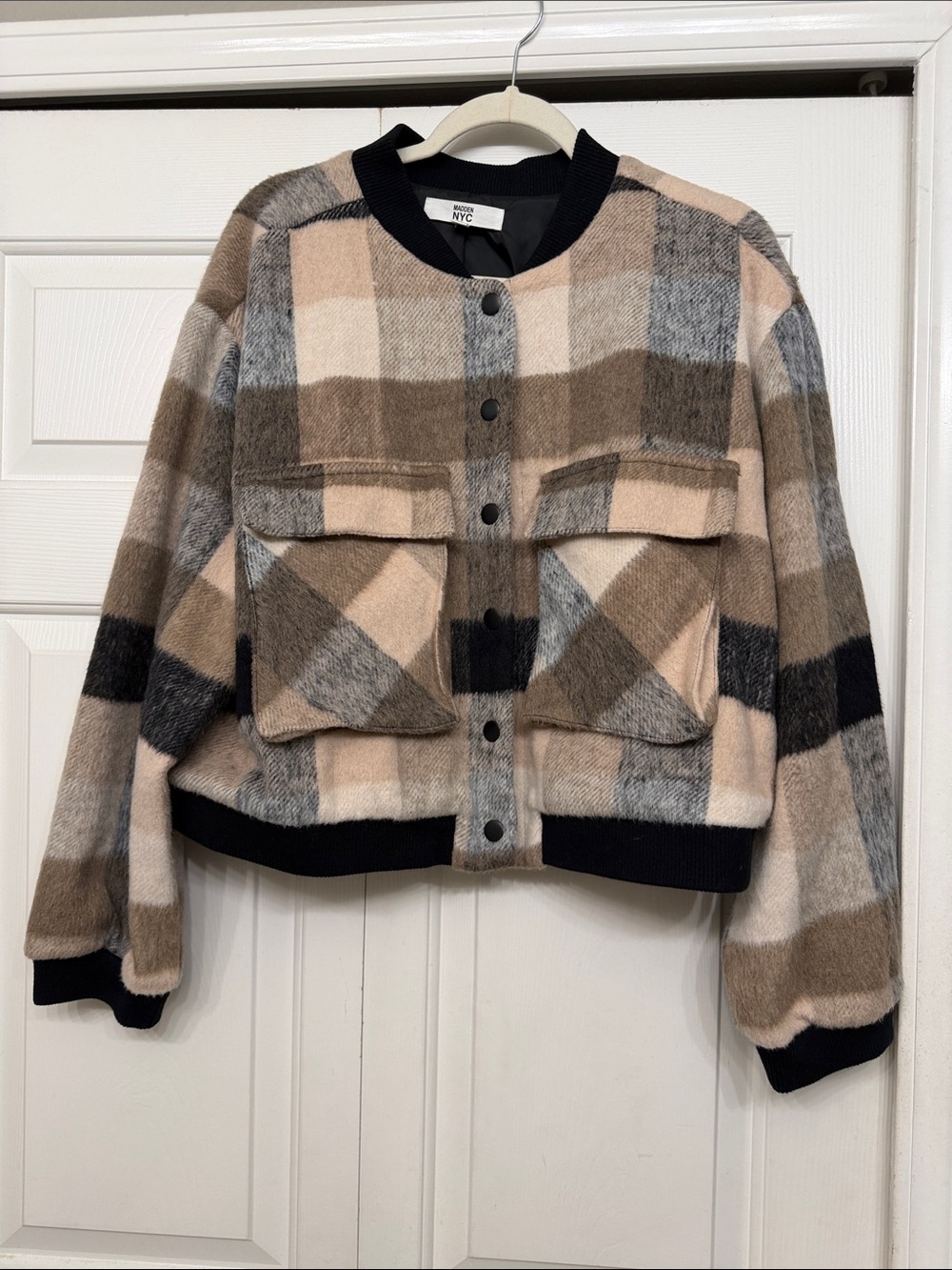 Madewell Beige Plaid Bomber Jacket with Black Trim